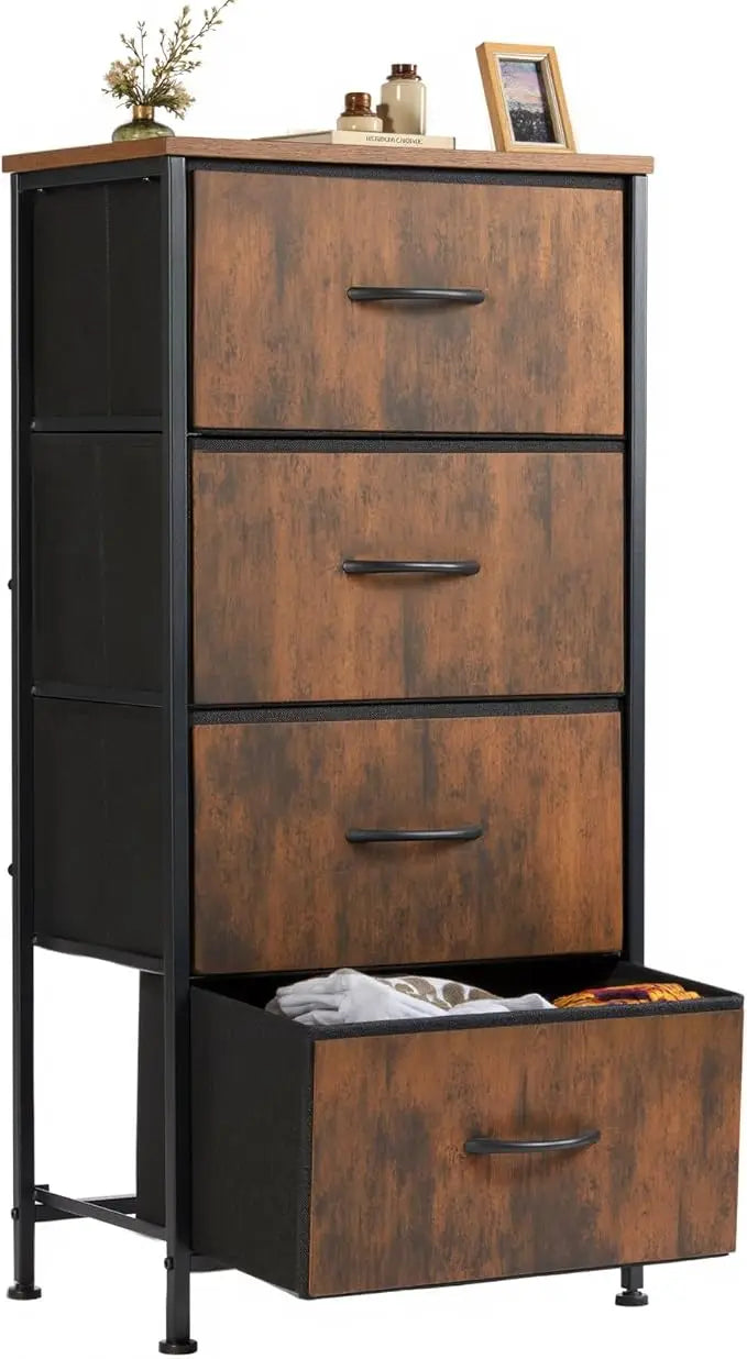 XIUWO Nightstand With 4 Fabric Drawers And Wooden Top Bedside Table