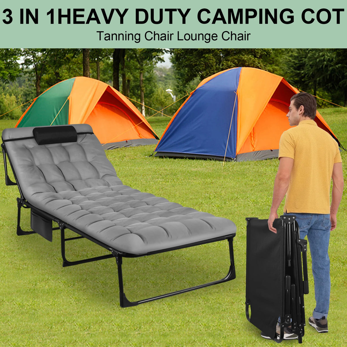 Portable Folding Camping Cot With Pillow Three-Position Reclining Outdoor Lounger