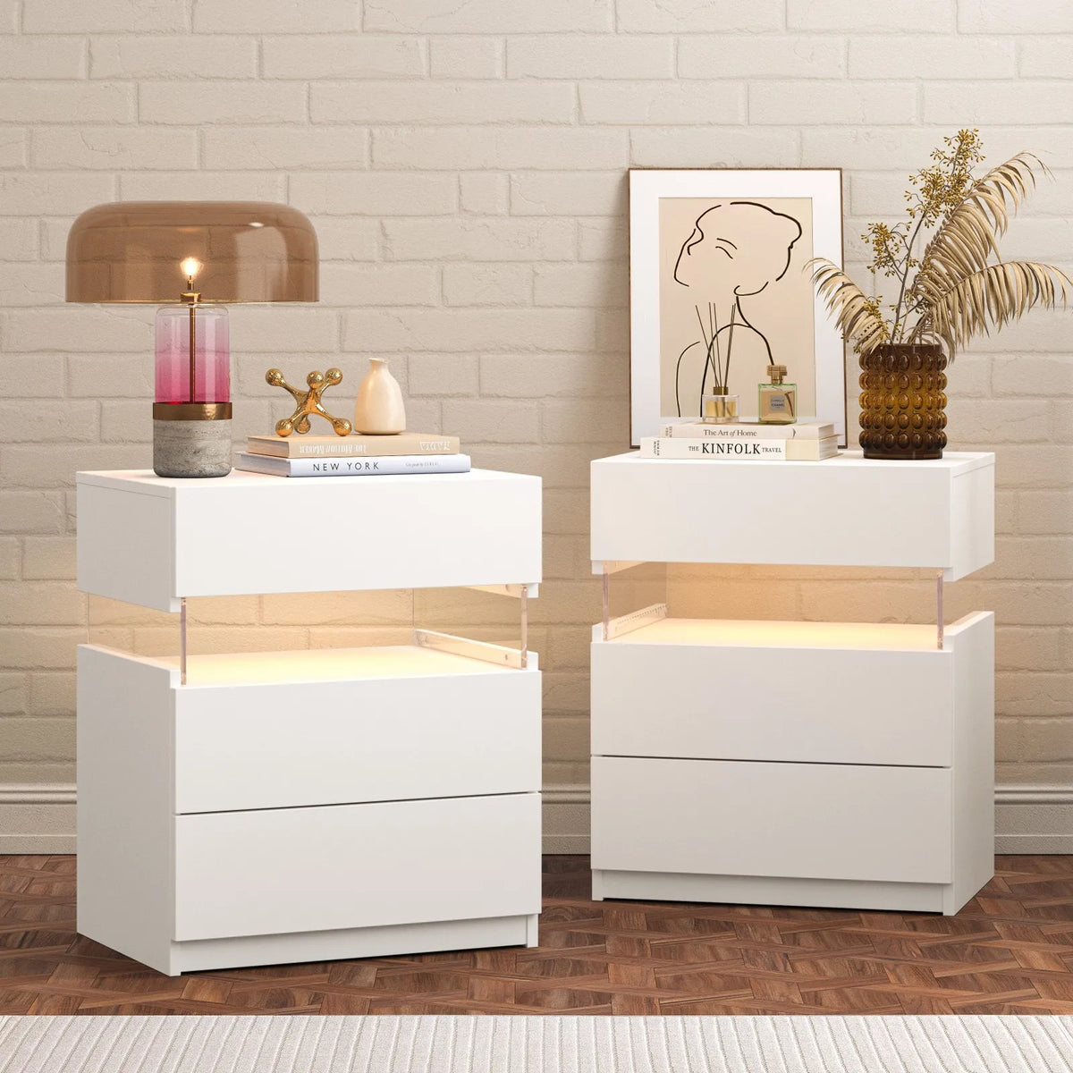 Cubehom Bedside Tables Set With LED Lighting And 3 Drawers