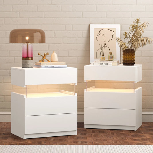 Cubehom Bedside Tables Set With LED Lighting And 3 Drawers