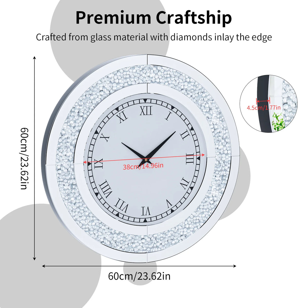 Crystal Sparkle Mirror Wall Clock With Silent Alarm Movement