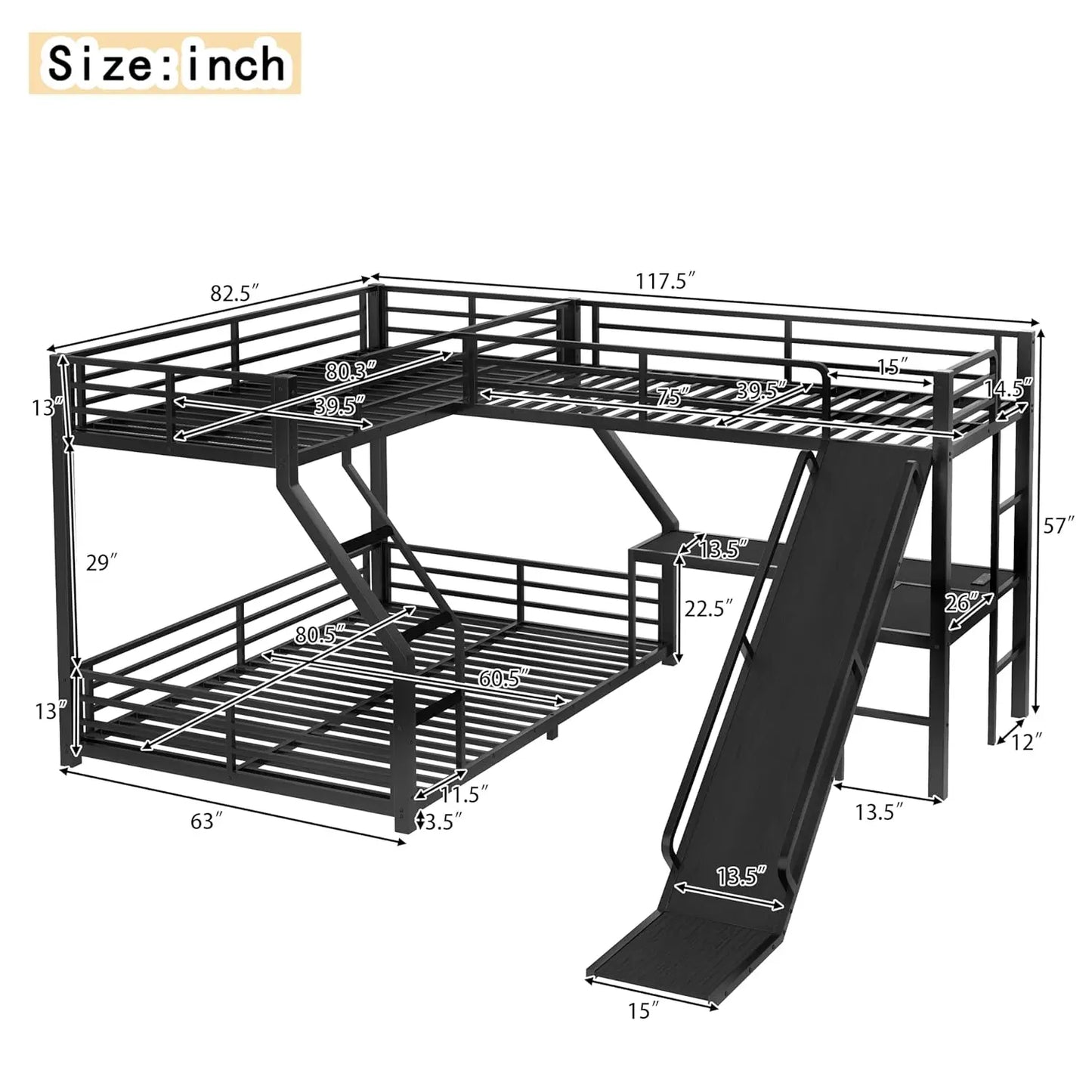 L Shaped Triple Bunk Bed With Desk And Slide For Space Saving