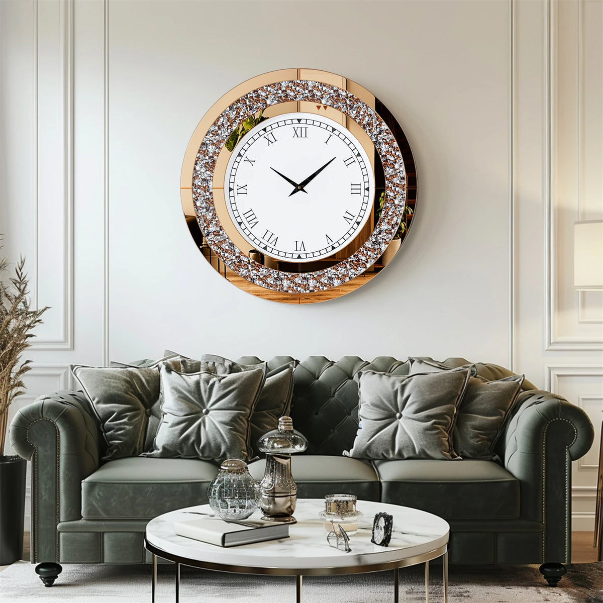 Crystal Sparkle Mirror Wall Clock With Silent Alarm Movement