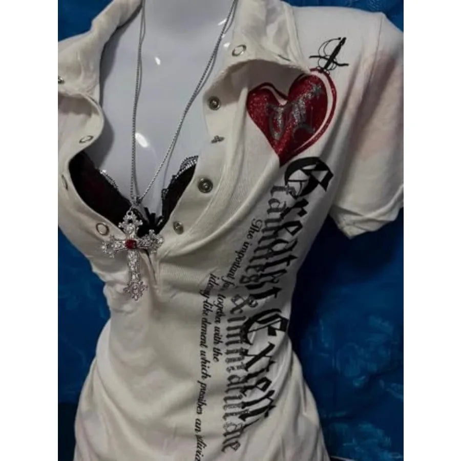 Women Vintage Y2K T Shirt Polo Letter Print Streetwear Top