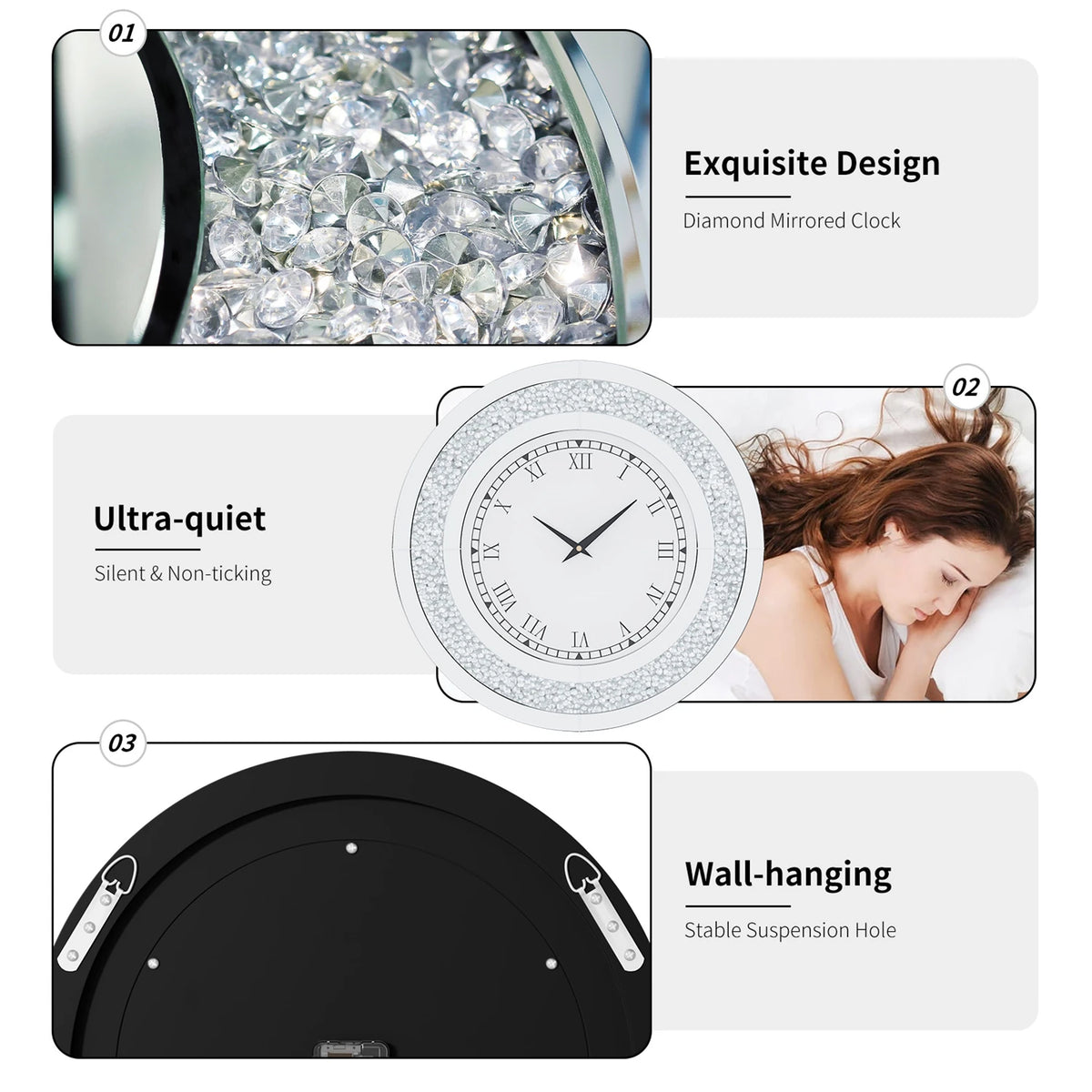 Crystal Sparkle Mirror Wall Clock With Silent Alarm Movement