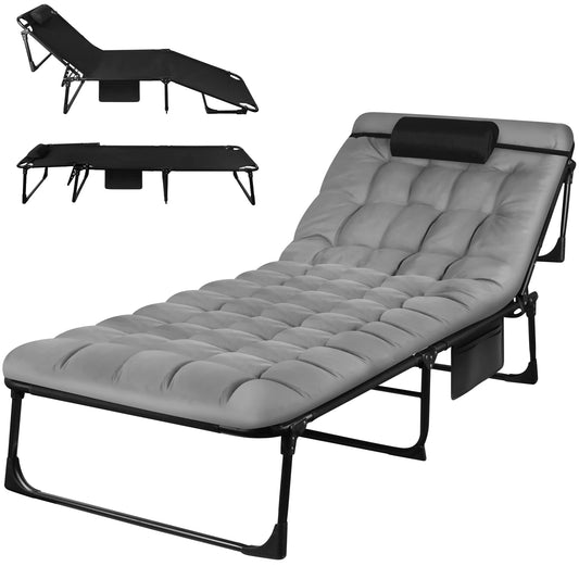 Portable Folding Camping Cot With Pillow Three-Position Reclining Outdoor Lounger