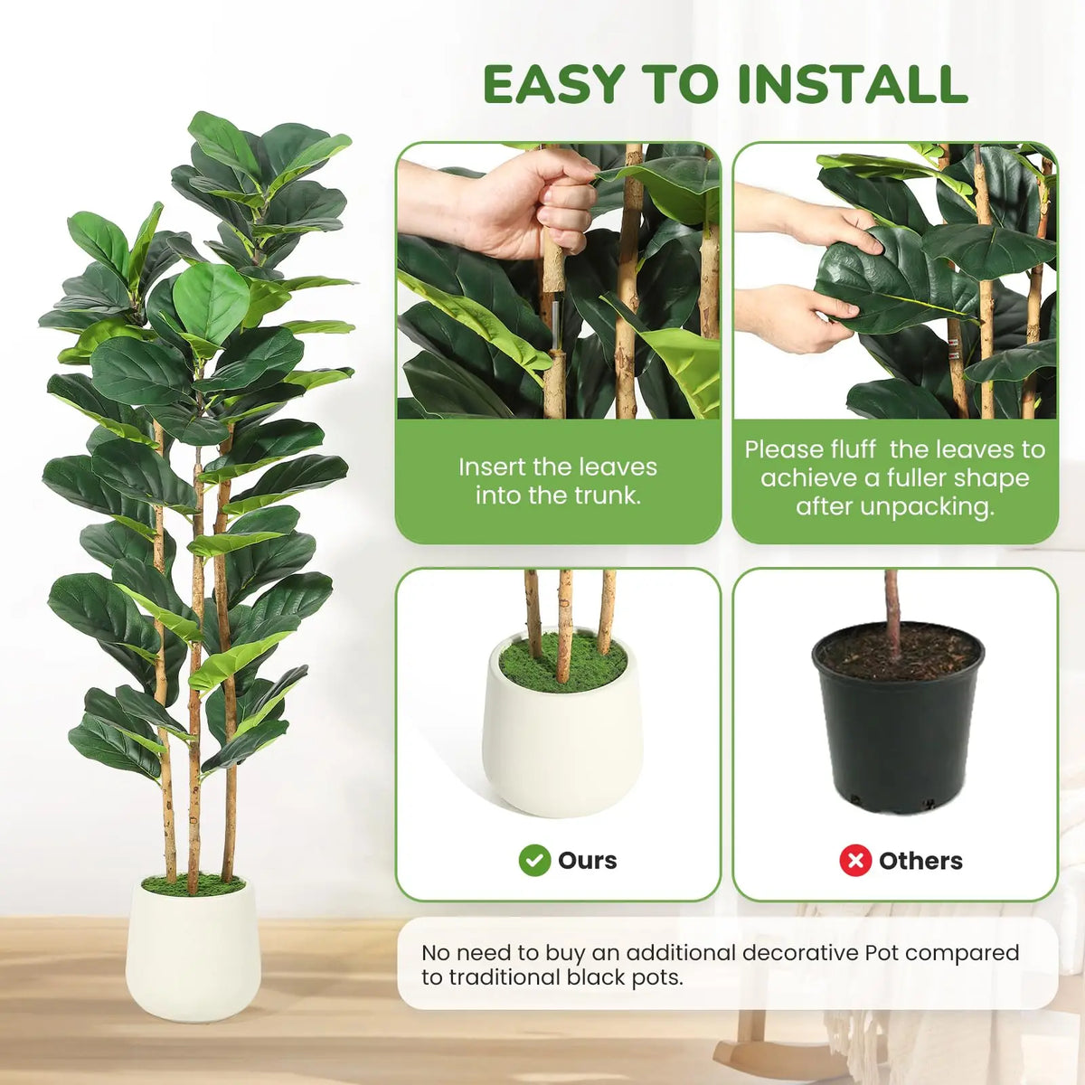 Artificial Fiddle Leaf Fig Tree With Potted Moss Home Decor