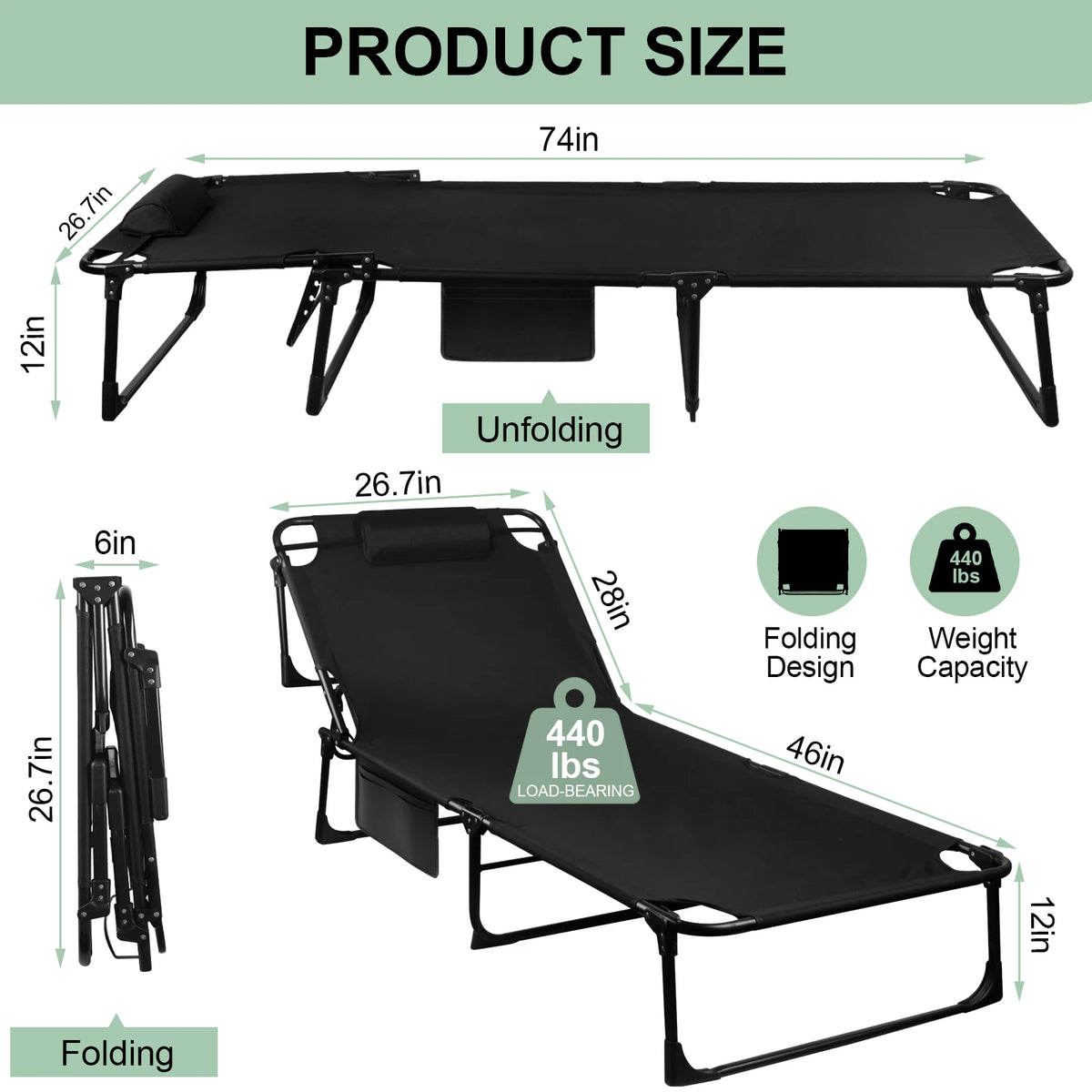 Portable Folding Camping Cot With Pillow Three-Position Reclining Outdoor Lounger