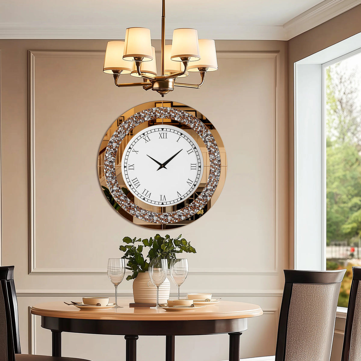 Crystal Sparkle Mirror Wall Clock With Silent Alarm Movement
