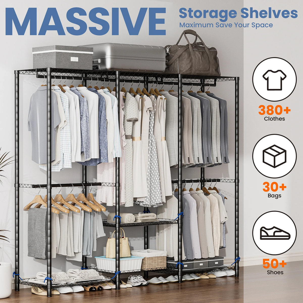 Freestanding Portable Wardrobe Clothes Rack Storage Organizer Heavy Duty 960 Lb