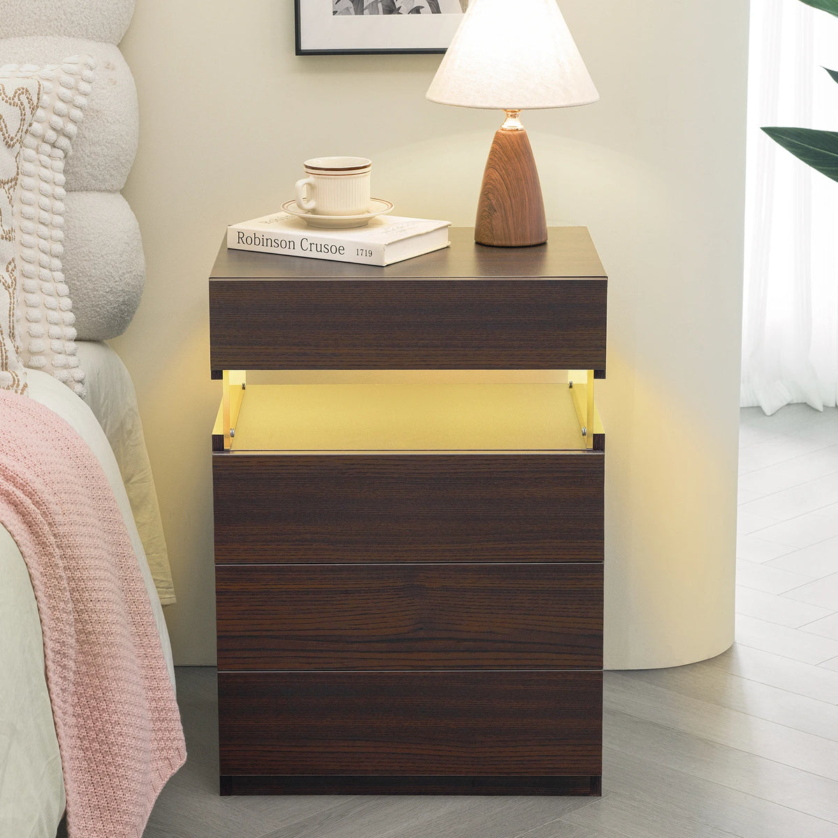 Cubehom LED Nightstand With Four Drawers Modern Bedroom Table