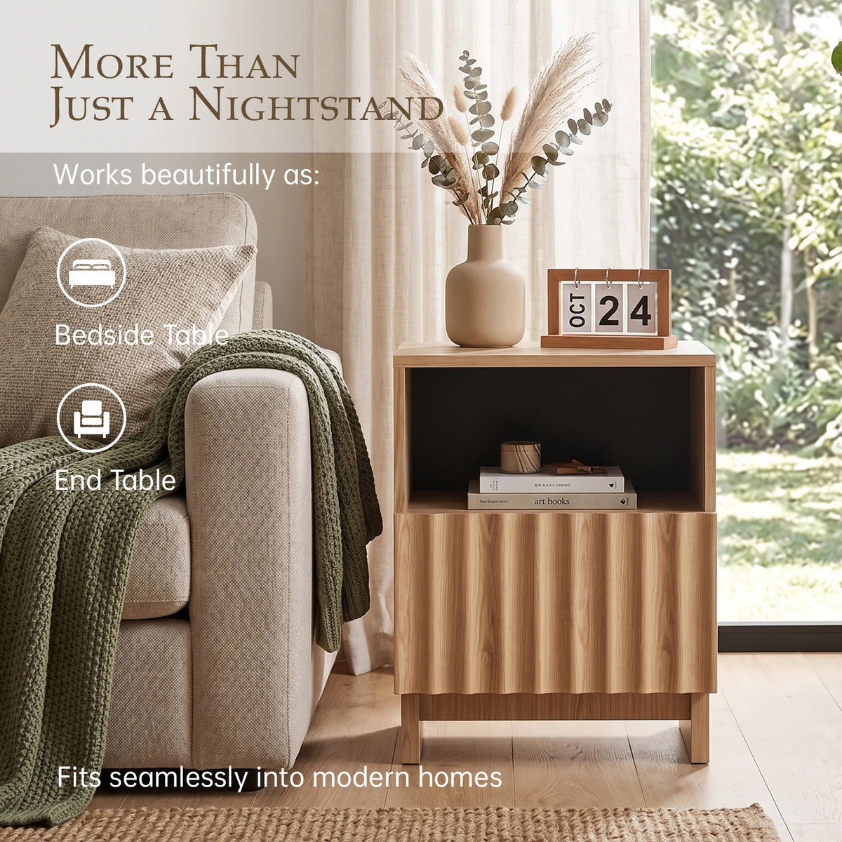TinyNest Wood Nightstand With Fluted Drawers And Open Shelf