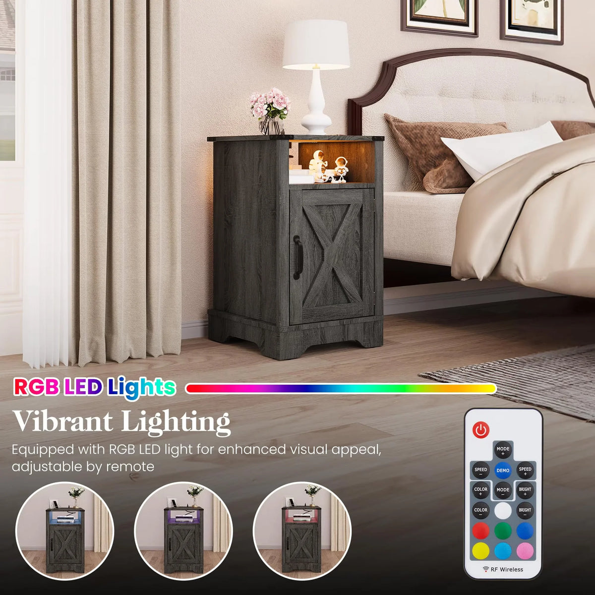 LED Nightstand With USB Charging Station, Farmhouse Wood Storage Table