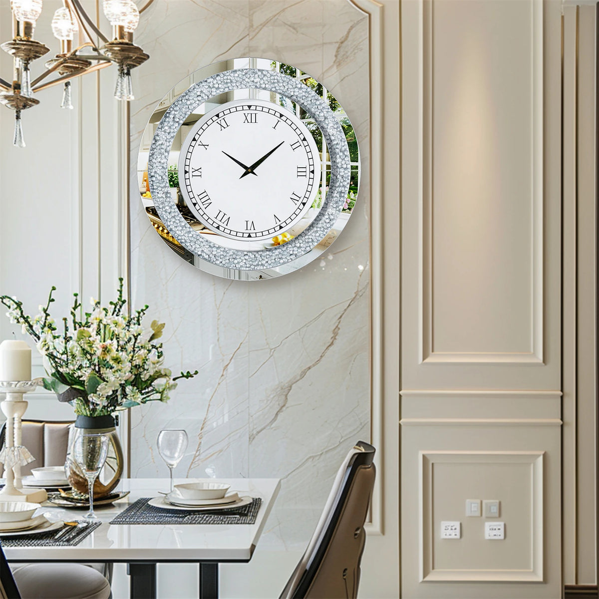 Crystal Sparkle Mirror Wall Clock With Silent Alarm Movement