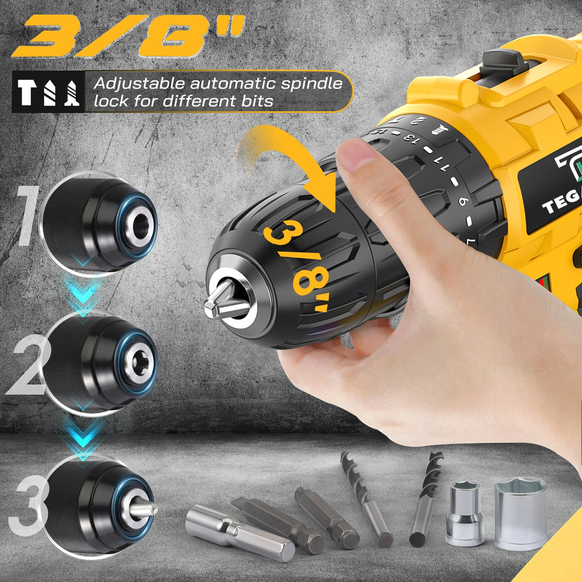 TEGATOK 45N.M Electric Impact Drill 20V Battery Included LED Two Speed