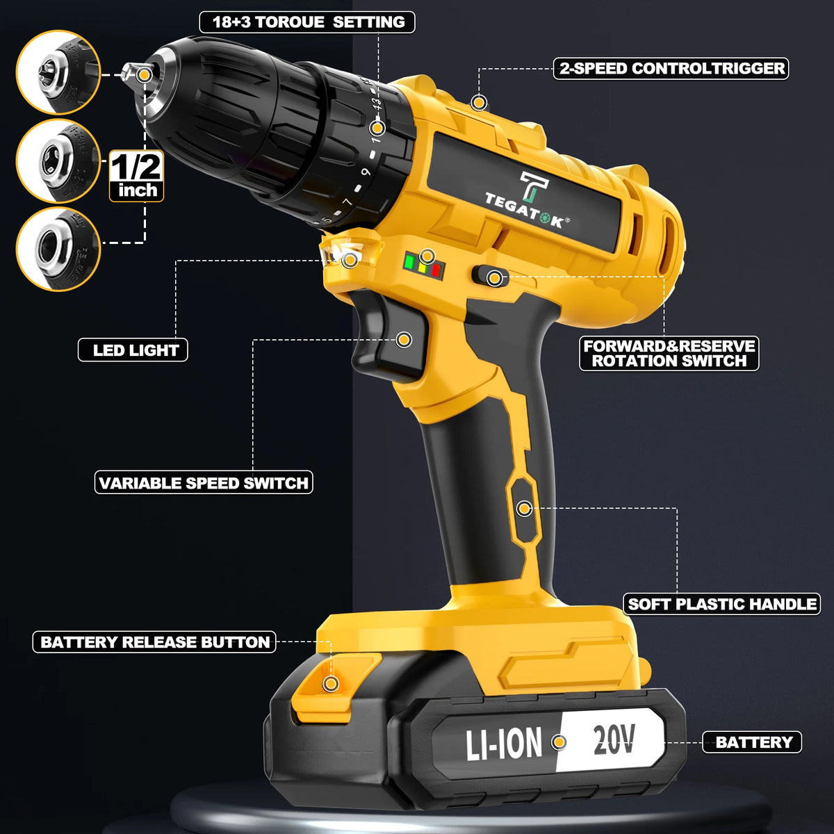 TEGATOK 45N.M Electric Impact Drill 20V Battery Included LED Two Speed