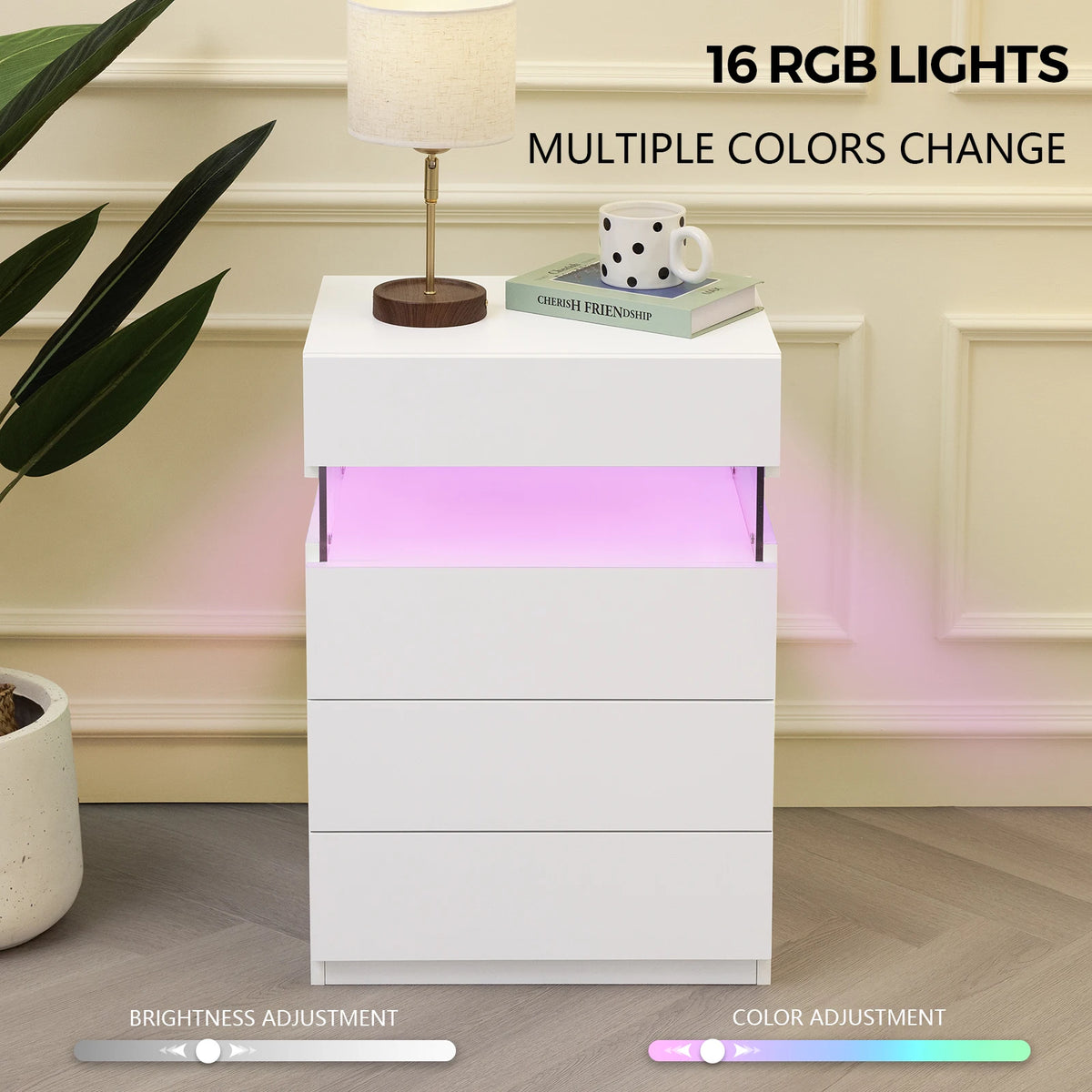 Cubehom LED Nightstand With Four Drawers Modern Bedroom Table