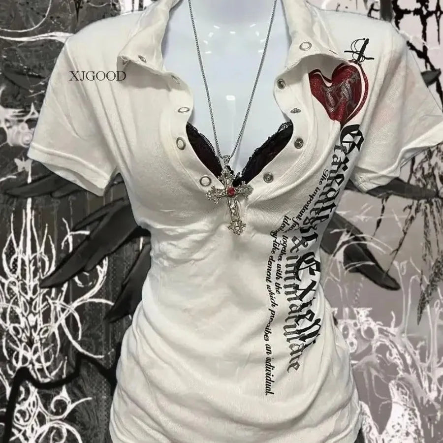 Women Vintage Y2K T Shirt Polo Letter Print Streetwear Top