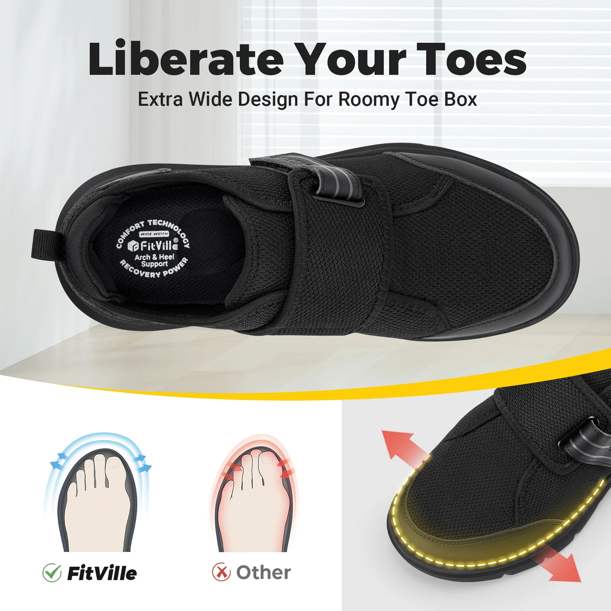 Fitville Men Diabetic Shoes Extra Wide Hook and Loop Walking Shoes