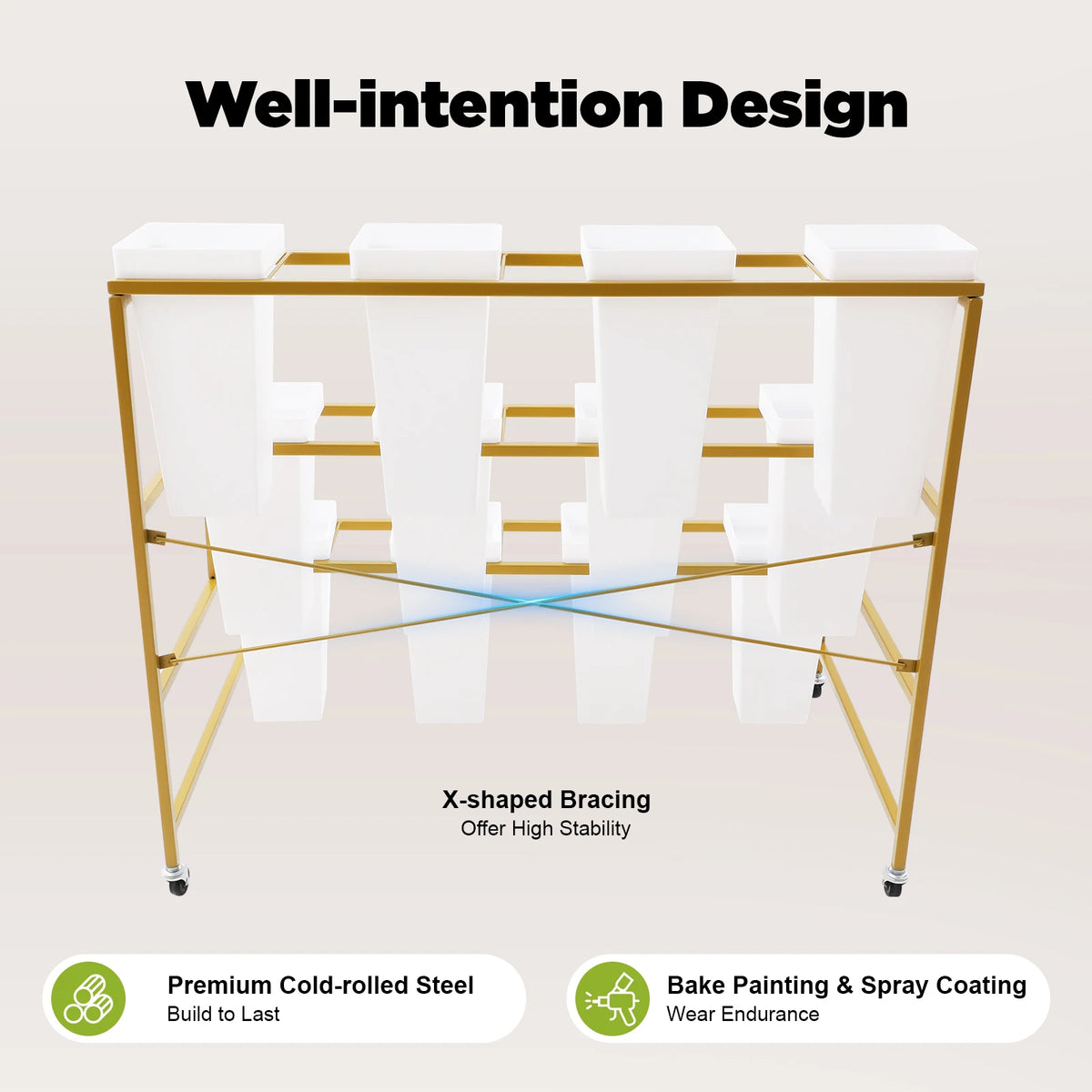 Three Tier Cold Rolled Steel Flower Display Stand With Buckets