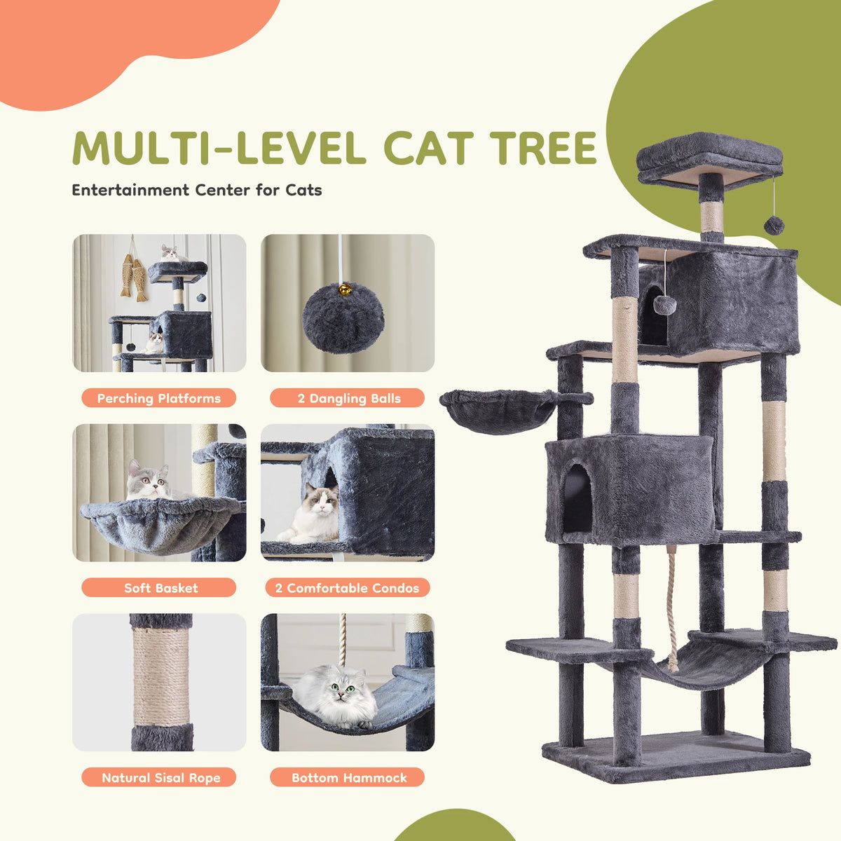 JHK Multilevel Cat Tree Tower Featuring Sisal Posts And Condo