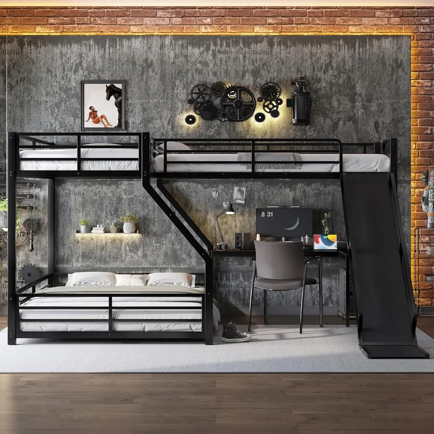 L Shaped Triple Bunk Bed With Desk And Slide For Space Saving