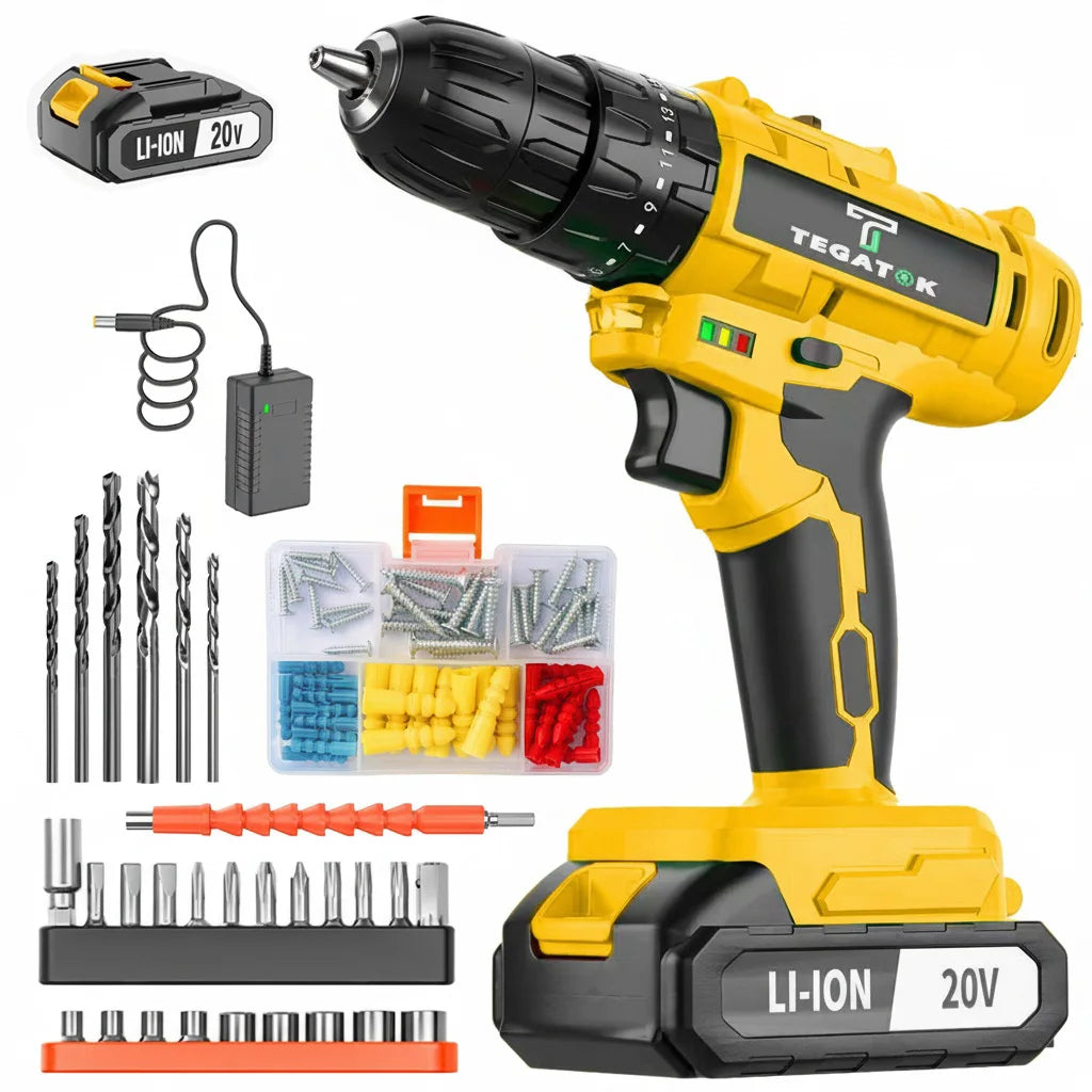TEGATOK 45N.M Electric Impact Drill 20V Battery Included LED Two Speed