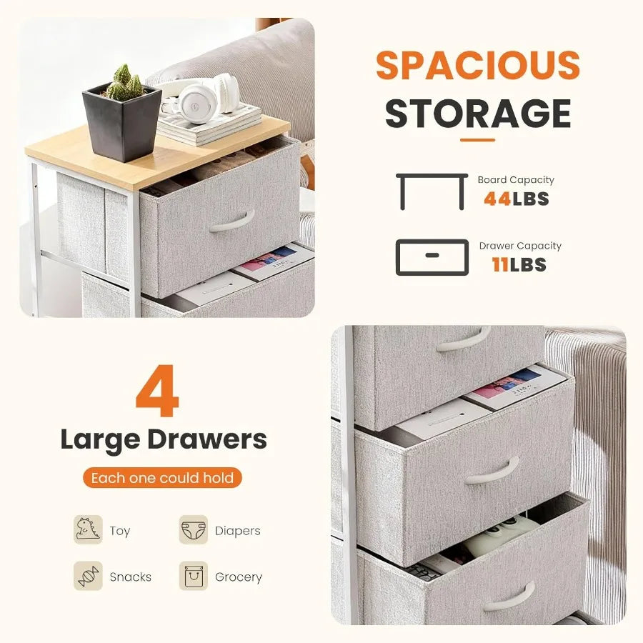 XIUWO Nightstand With 4 Fabric Drawers And Wooden Top Bedside Table