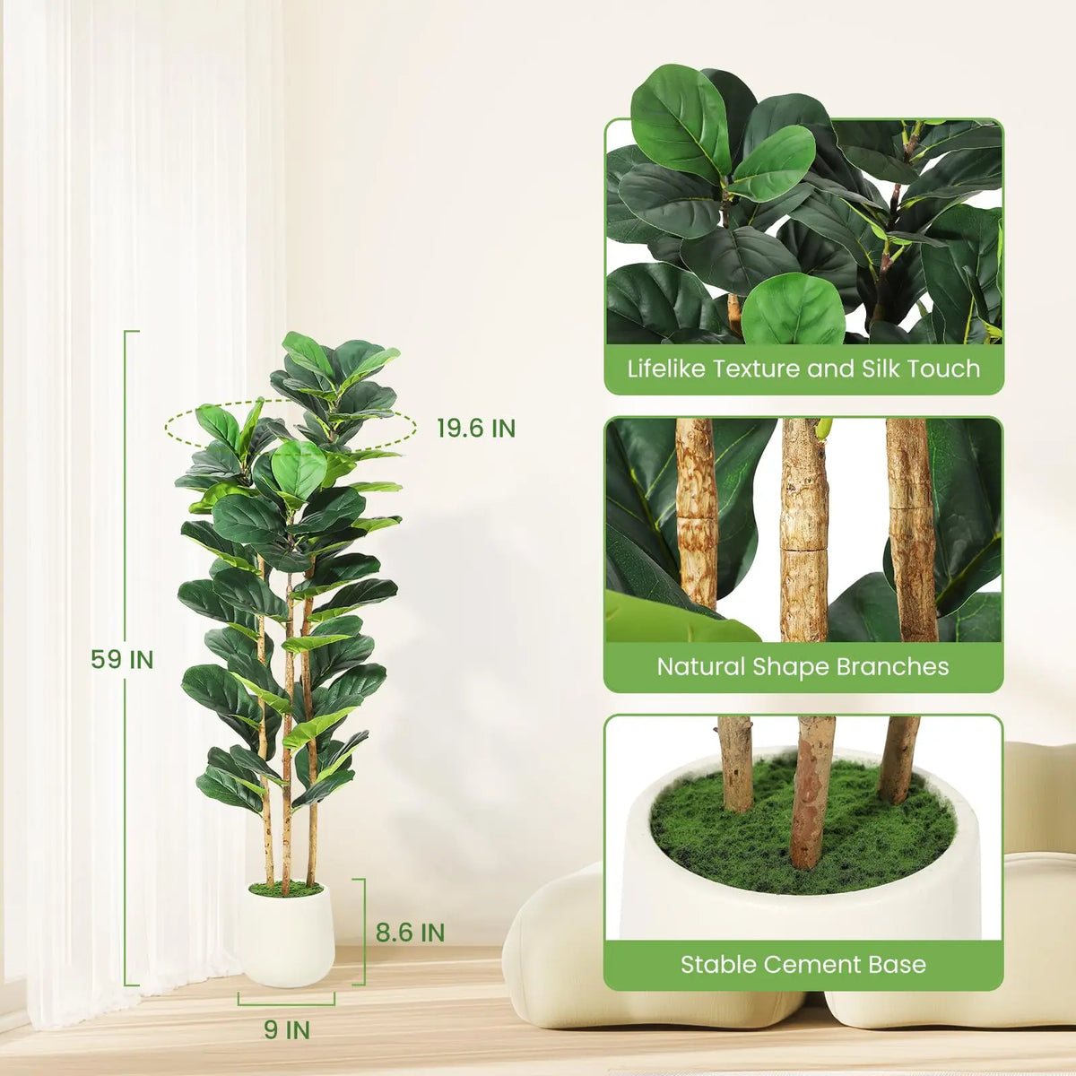 Artificial Fiddle Leaf Fig Tree With Potted Moss Home Decor