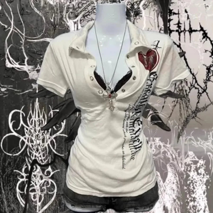 Women Vintage Y2K T Shirt Polo Letter Print Streetwear Top