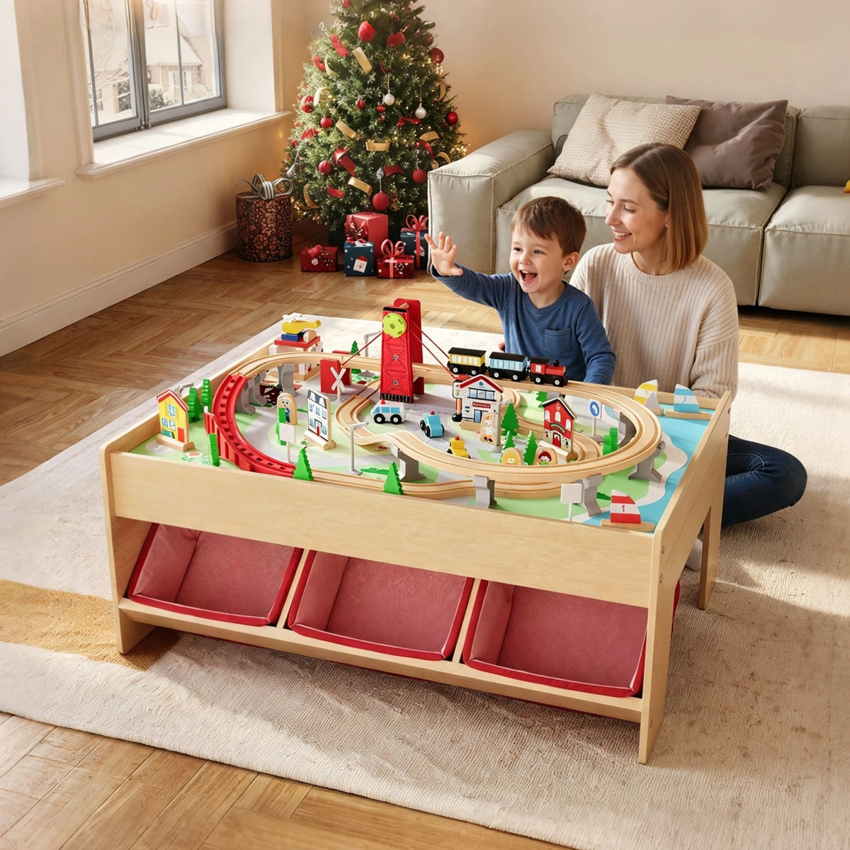 HiMISS Wooden Kids Train Table Set With Tracks And Storage