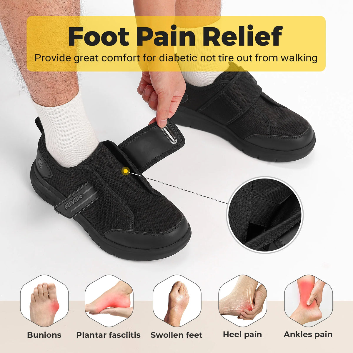 Fitville Men Diabetic Shoes Extra Wide Hook and Loop Walking Shoes