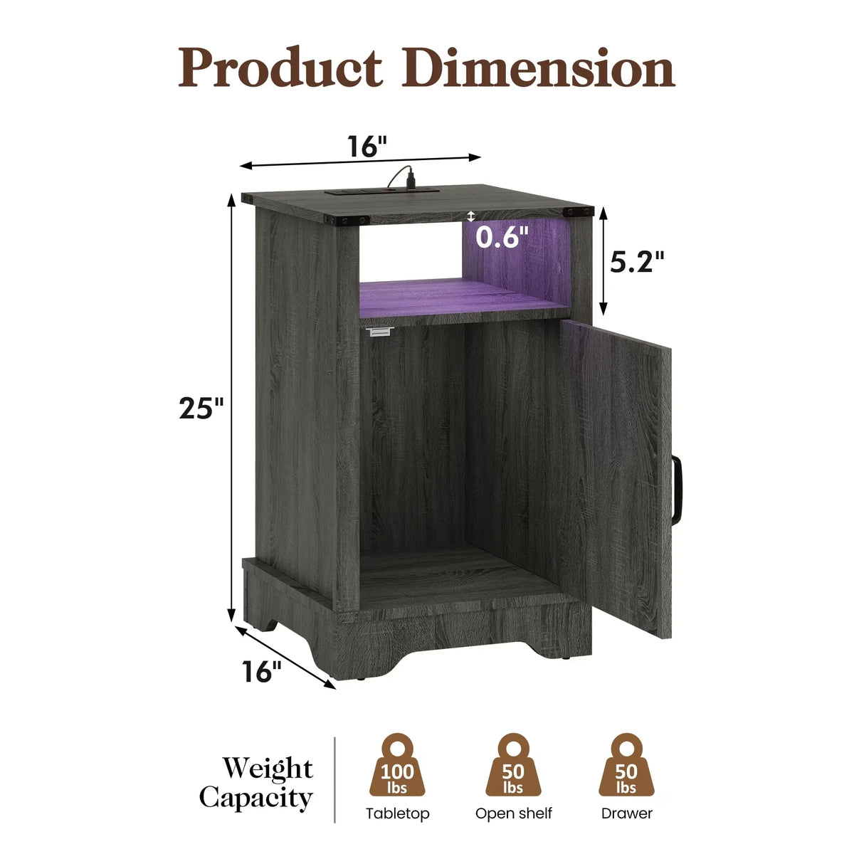 LED Nightstand With USB Charging Station, Farmhouse Wood Storage Table